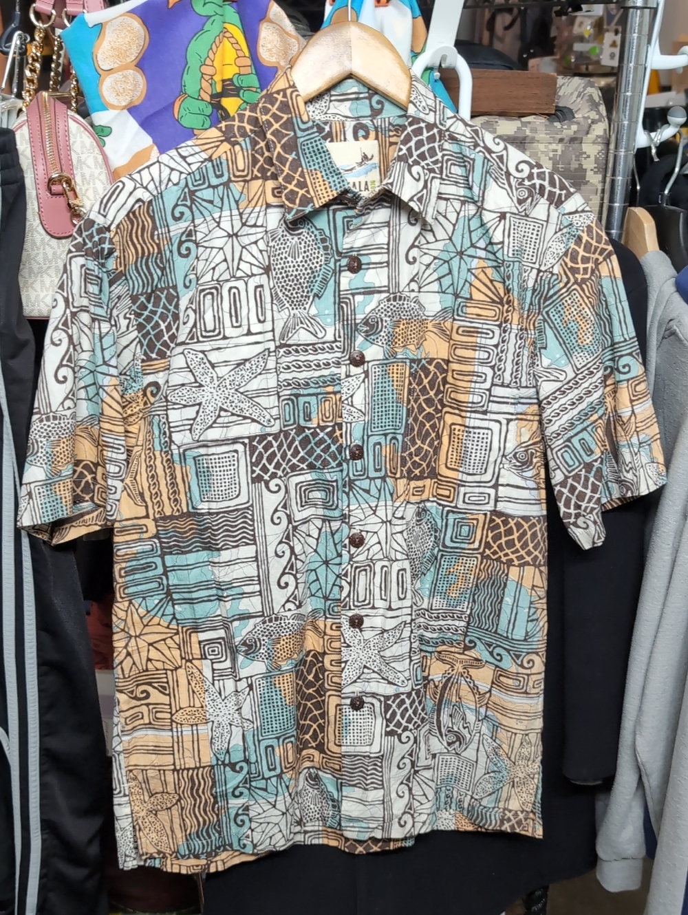 Kahala Hawaiian Short-Sleeve Button-Down Shirt Blue, Tan & White M Medium